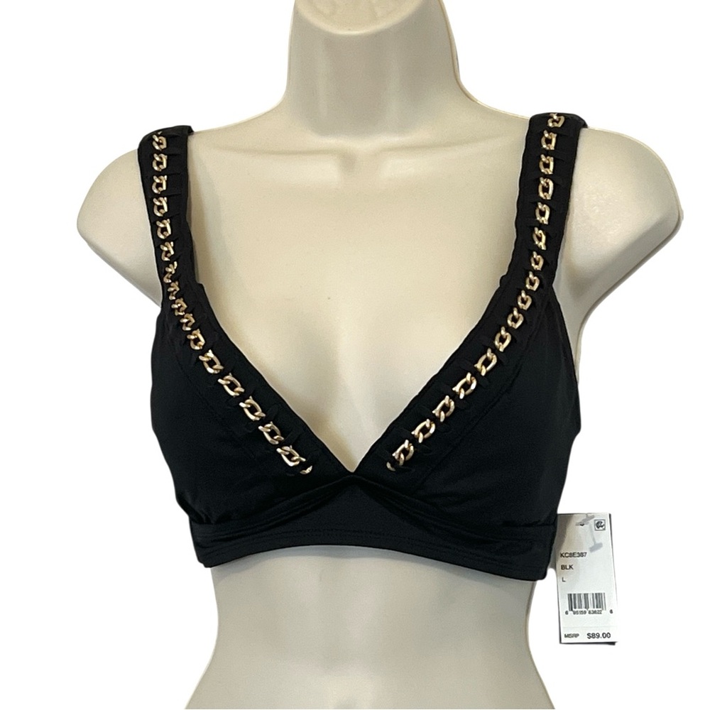 Kenneth‎ Cole Bikini Top, V-neckline, Gold Chain Accent, Black/Gold, Size Large
